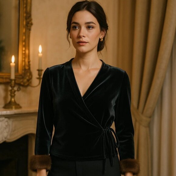 Black Velvet Wrap Size L Mink Fur Cuffs Long Sleeves Adjustable Waist Tie Blouse - Picture 1 of 12